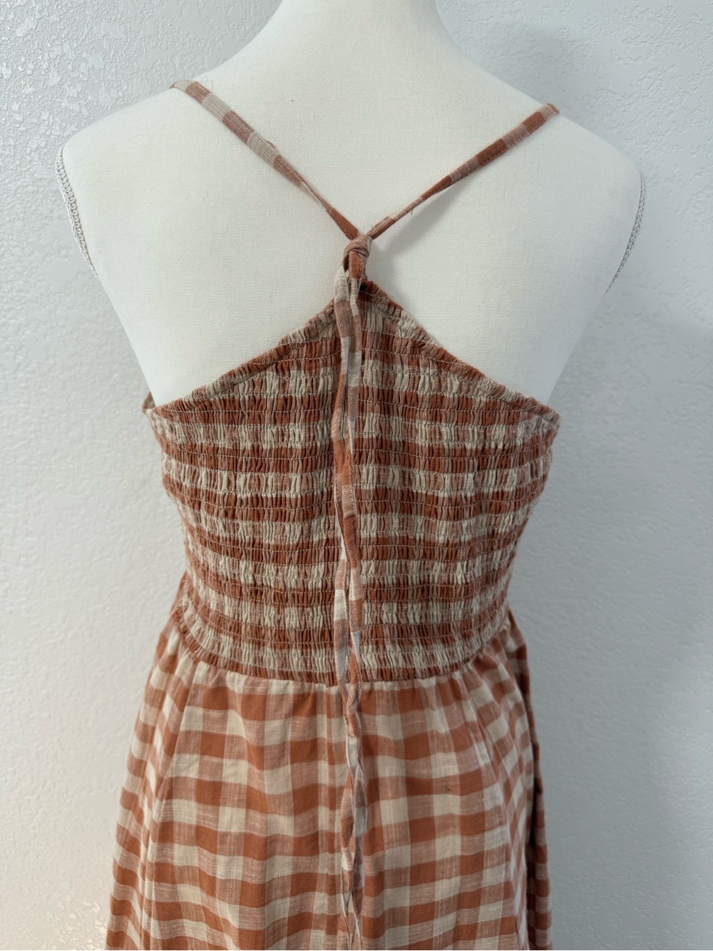 ANGIE  Rust and Cream Plaid Maxi Dress with Front Tie V-Neck Button Cotton M. - Picture 9 of 13